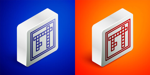 Isometric line Bingo icon isolated on blue and orange background. Lottery tickets for american bingo game. Silver square button. Vector.