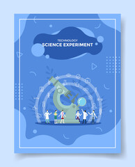 technology science experiment people scientist front big microscope for template of banners, flyer, books cover, magazines with liquid shape style
