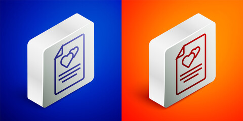 Fototapeta premium Isometric line Greeting card icon isolated on blue and orange background. Celebration poster template for invitation or greeting card. Silver square button. Vector.