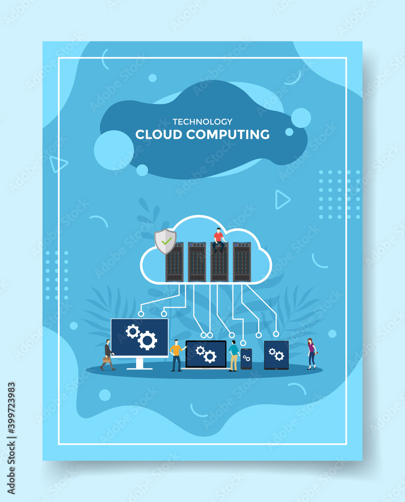Poster technology cloud computing people around server connection computer gear setting for template of ban