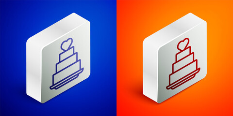 Isometric line Wedding cake with heart icon isolated on blue and orange background. Silver square button. Vector.