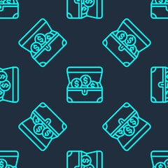 Green line Treasure chest icon isolated seamless pattern on blue background. Vector.