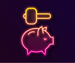 Glowing neon line Piggy bank and hammer icon isolated on black background. Icon saving or accumulation of money, investment. Vector.