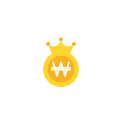 Gold korean won coin with royal crown. Flat icon isolated on white background.