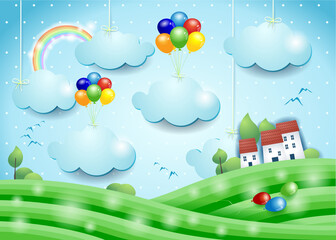 Fantasy landscape with balloons and hanging clouds, vector illustration eps10