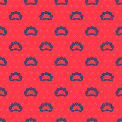 Blue line Musical instrument percussion tambourine, with metal plates icon isolated seamless pattern on red background. Vector.