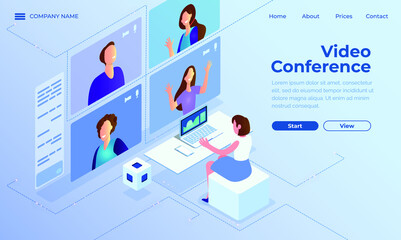 Illustrations flat design concept video conference. online meeting work form home. Vector illustrate. Dark isometric background