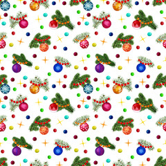 Seamless pattern of Christmas elements. Watercolour illustration of hand painted. Holiday ornamental decorations for the happy new year.