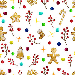 Seamless pattern of Christmas elements. Watercolour illustration of hand painted. Holiday ornamental decorations for the happy new year.