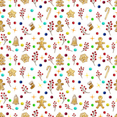 Watercolour illustration of hand painted. Seamless pattern of Christmas elements. Holiday ornamental decorations for the happy new year.