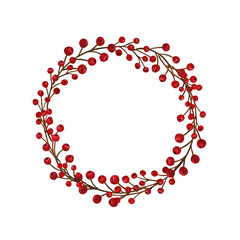 Christmas wreath with red berries. Decorative element. Watercolor illustration of hand painted.