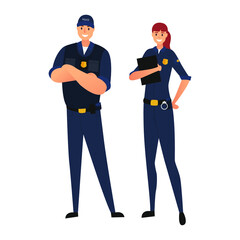 Two police officers in uniform isolated on white background. Protection of citizens. Police man and police woman, cops. Vector illustration