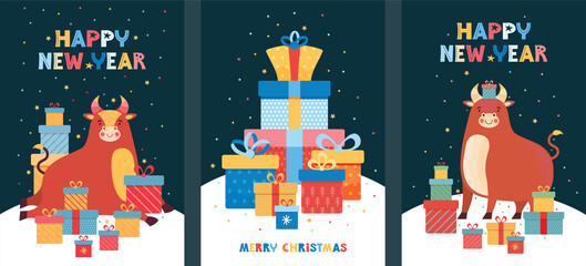Merry Christmas and Happy New Year. Set vector illustrations for of winter holidays, poster, background, card. Chinese new year symbol 2021 funny bull. Cute ox among a pile of colorful gift boxes