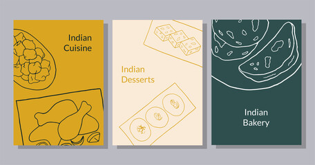 Hand drawn poster set with pakora, chicken tandoori, sesame barfi, sandesh, naan. Design sketch element for menu cafe, bistro, restaurant, bakery and packaging.  Vector illustration.