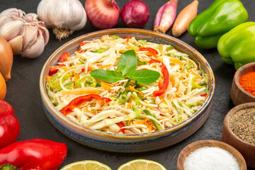 front view delicious vegetable salad with seasonings and fresh vegetables on grey background diet health color photo ripe salad