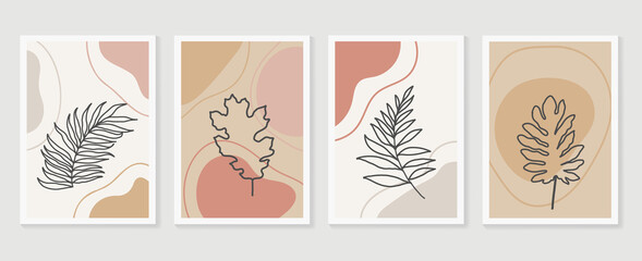 Fototapeta na wymiar Botanical wall art vector set. Earth tone boho foliage line art drawing with abstract shape. Abstract Plant Art design for wall framed prints, canvas prints, poster, home decor, cover, wallpaper.