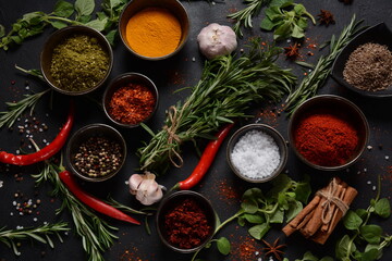 Fototapeta na wymiar Variety of spices and herbs on kitchen table. Colorful various herbs and spices for cooking on dark background