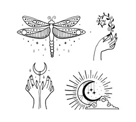 Set of beautiful mystical elements in boho style, dragonfly, crescent, female hands. Elements for design of tarot, tattoo, sticker. Magical and astrological objects. Linear vector illustration