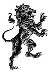 A lion rearing rampant on its hind legs in a coat of arms crest woodcut style © Christos Georghiou