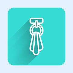 White line Towel on a hanger icon isolated with long shadow. Bathroom towel icon. Green square button. Vector.