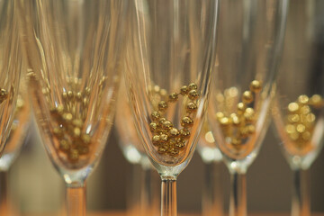 Beautiful champagne glasses, decor for the holiday table. High quality