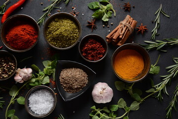 Variety of spices and herbs on kitchen table. Colorful various herbs and spices for cooking on dark background