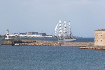 Sailboat Chersonese passes near the Konstantinovskaya battery at the celebration of the Navy Day in the hero city Sevastopol, Crimea