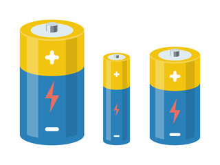 Battery types. Cylinder batteries in cartoon style.