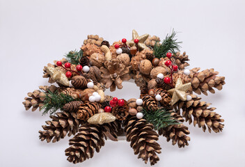 Christmas decorations with pine cones and nuts