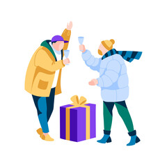 Two young men with gift box. Guys dressed in winter clothes celebrating holiday with glasses of champagne. Merry Christmas and Happy New Year concept cartoon vector illustration