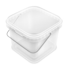 Transparent square empty plastic bucket with lowered metallic handle. Top view from the corner.