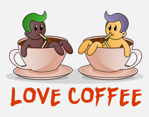 Cute man Take A Bath In Cup Of Hot Coffee. Funny cartoon concept of big cup of coffee. Design for print, emblem, t-shirt, party decoration, sticker, logotype, mascot.