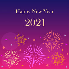 Greeting card Happy New Year 2021. Beautiful Square holiday web banner or billboard with text Happy New Year 2021 on the background of fireworks.