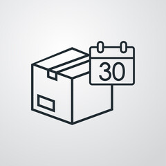 Logotipo 30 días de devolucion gratis del envío. Icono caja de cartón con calendario con 30 con lineas en fondo gris
