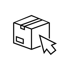 Logotipo enviar paquete. Icono caja de cartón con flecha de cursor con lineas en color negro