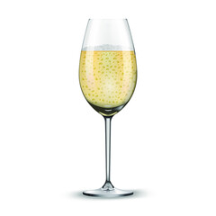 Champagne glass isolated on white background. Golden bokeh effect. Realistic glass for the New Year holidays. Vector illustration