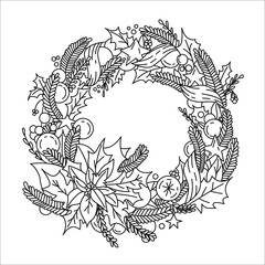 Black and white drawing of a Christmas wreath. Holly, stars, Christmas balls, berries, needles. Coloring book page for adult. Holiday concept.  Coloring antistress and for art therapy.