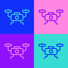 Pop art line Drone flying icon isolated on color background. Quadrocopter with video and photo camera symbol. Vector.