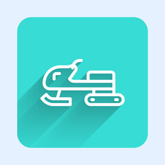 Fototapeta premium White line Snowmobile icon isolated with long shadow. Snowmobiling sign. Extreme sport. Green square button. Vector.
