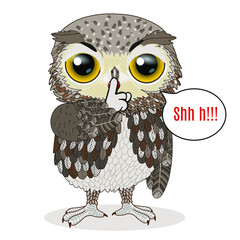 emoji with owl shushing shh h to politely tell people to shut up and be quiet to keep silence,eagle-owl using finger on mouth gesture to stop talking