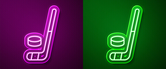 Glowing neon line Ice hockey stick and puck icon isolated on purple and green background. Vector.