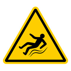 Yellow warning sign with a falling slipping person, vector sign of ice, slippery road, hazard warnings to be injured on slippery sidewalk