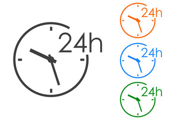 Icono de tiempo. Servicio de entrega. Tiempo de trabajo. Logotipo con reloj simple y 24 h con lineas en varios colores