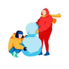 Happy parents and kids making snowman. Family in warm outfit spending time together and having fun on winter holidays. Winter outdoor activities cartoon vector illustration
