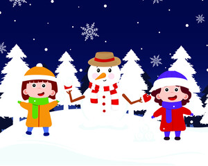 Bright illustration children and snowman. Happy Christmas with kids and snowman. Cheerful children blinded the snowman and put a scarf and a hat on him. Vector illustration