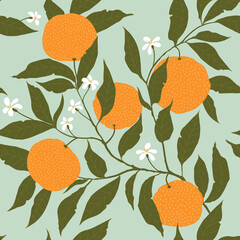 Seamless pattern with orange tree branches with fruits and flowers