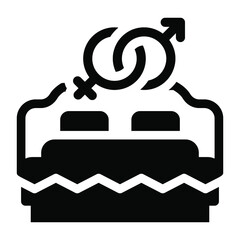 
A double bedding with genders symbols, love making in solid icon
