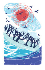 Linocut illustration of a winter landscape. Vector image of nature. Image of colorful nature with trees, birds and sun. Landscape image.