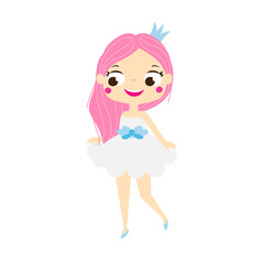 Cartoon girl with pink hair in beautiful dress and crown. Cute princess.