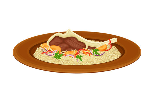 Rice with Lamb Rib and Vegetables as Syrian Cuisine Dish Vector Illustration